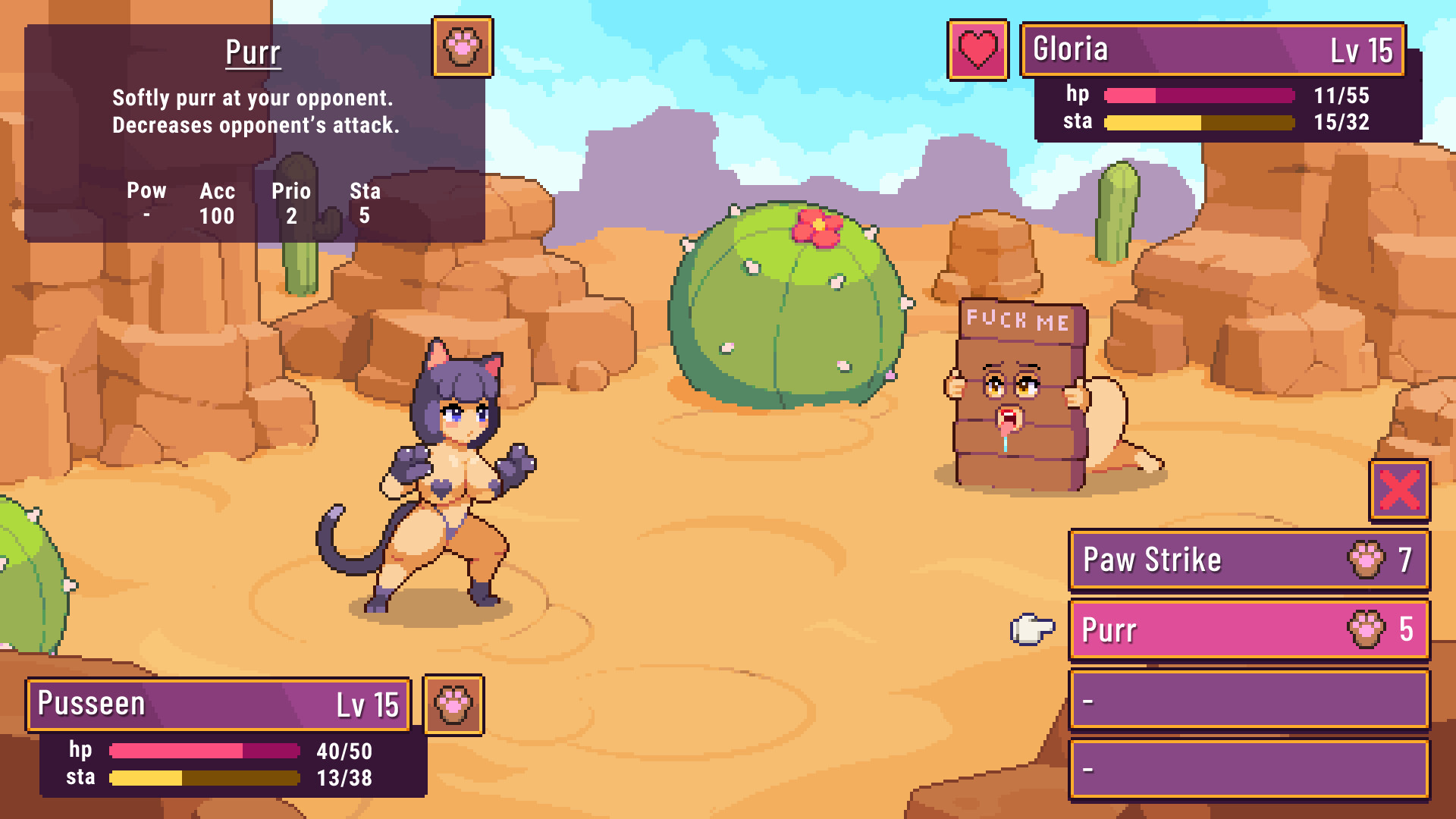 Sexy pixel creatures fighting in turn based combat