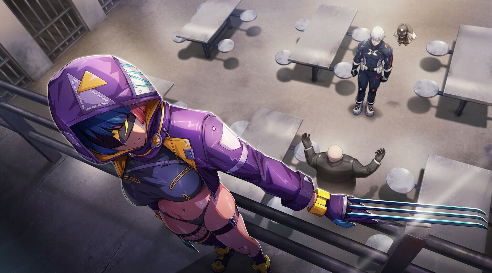 Sexy anime girl in purple helmet leaning against a railing