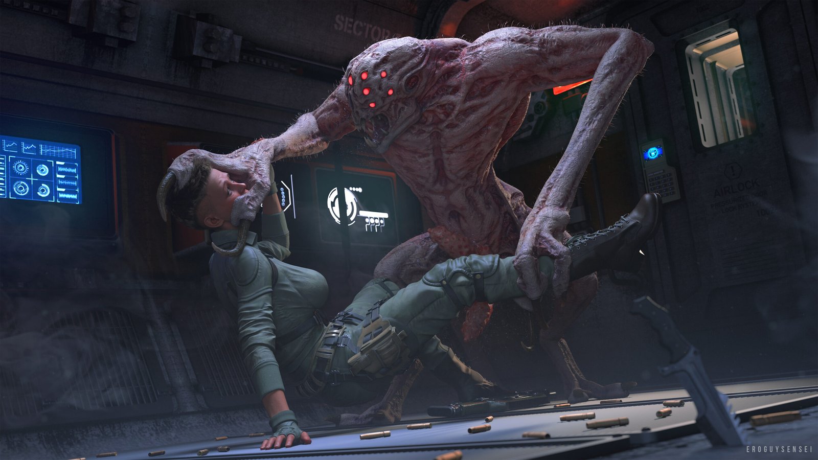 3D porn of a woman caught by an alien monster with two dicks, in a spaceship